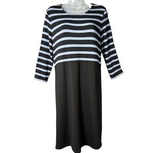 J Jill Wearever Dress Womens Size M Black Stripe Stretch 3/4 Sleeve Shift Midi